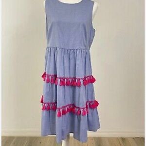 Eliza J Blue Chambry Pink Tassel Sleeveless tiered fit and flare dress.  Size 4